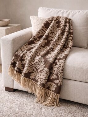Brown Cream Floral Medallion Fringe Throw Blanket 50x60